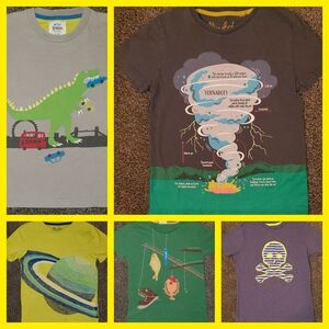 Mini Boden Kids T-Shirt Set - Gray, Brown, Yellow, Green with Fun Graphics